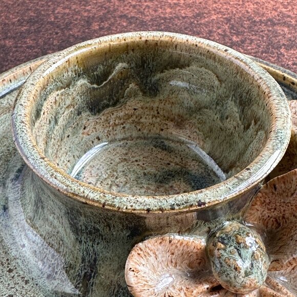 Handmade Ceramic Candle Holder w Flowers & Handle Green and Beige Glazed Pottery - Picture 5 of 11